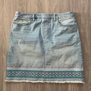 Tribal Jeans Vibrant Blue and Pink Jean Skirt with Geometric Trim size 8